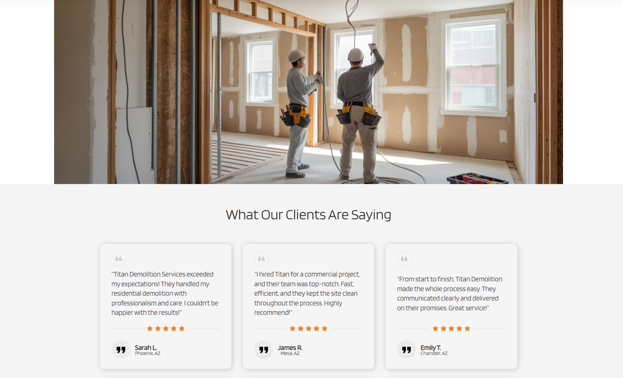 Titan Demolition Services testimonial section showing two construction workers stripping drywall in a room under renovation, above a row of three 5-star client reviews from Phoenix, Mesa, and Chandler, Arizona