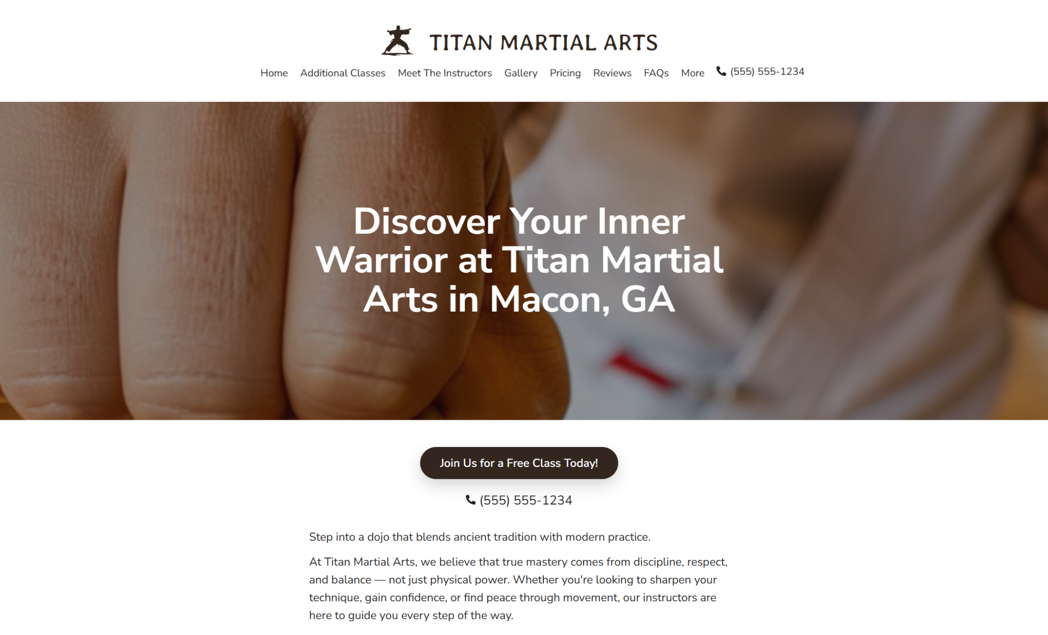 Homepage of Titan Martial Arts with the headline “Discover Your Inner Warrior at Titan Martial Arts in Macon, GA,” set against a close-up of a clenched fist in motion and a dark brown call-to-action button reading “Join Us for a Free Class Today.”