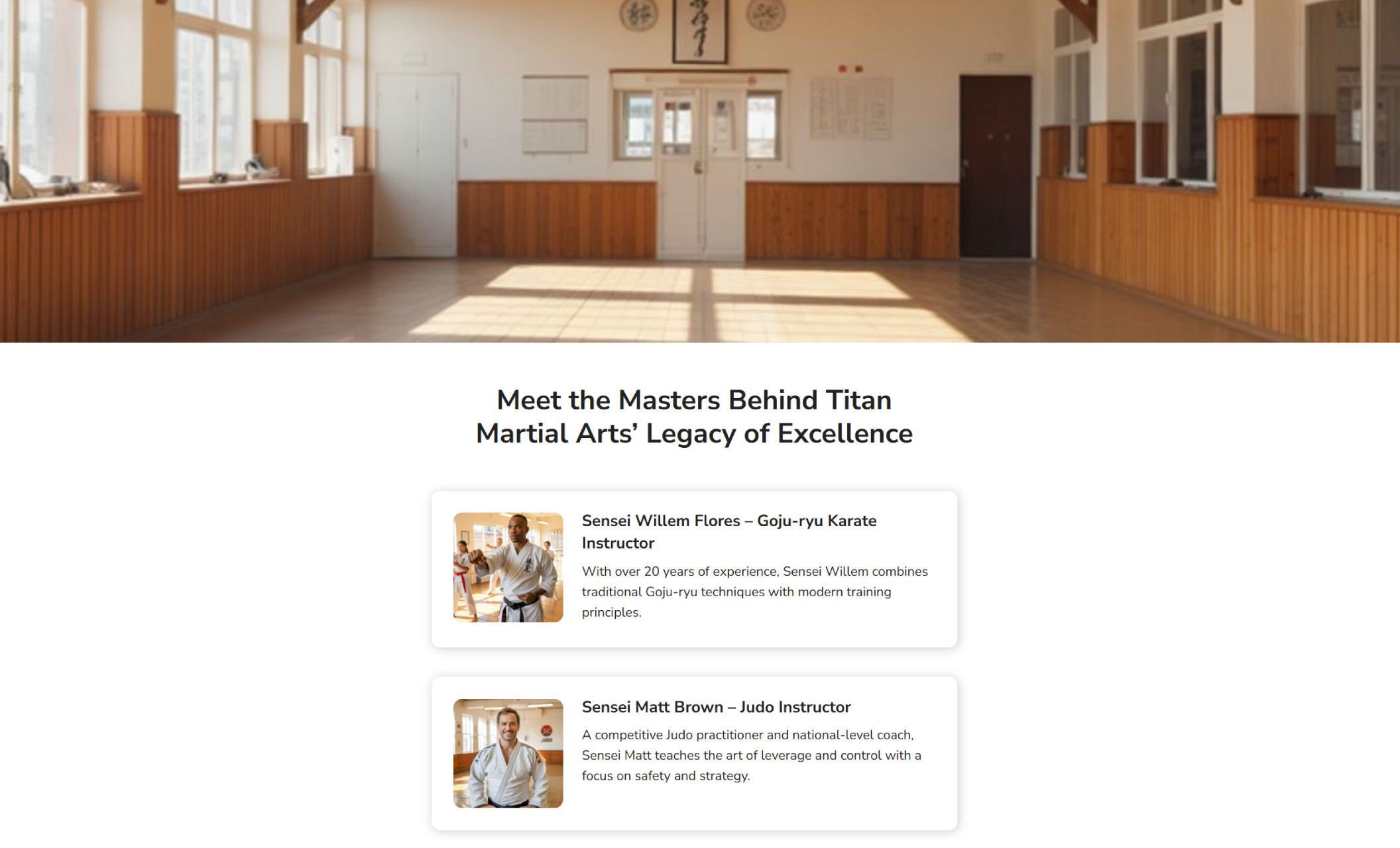 Instructor section of Titan Martial Arts website featuring two teacher profiles—Sensei Willem Flores, a Goju-ryu Karate instructor, and Sensei Matt Brown, a Judo instructor—below the headline “Meet the Masters Behind Titan Martial Arts’ Legacy of Excellence.”