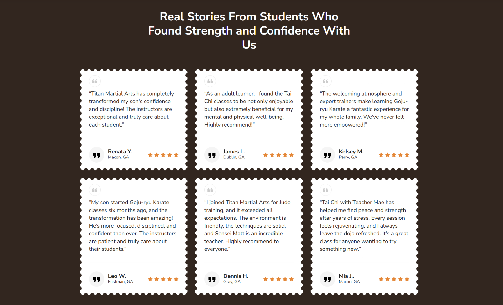 Testimonials section of Titan Martial Arts site with the headline “Real Stories From Students Who Found Strength and Confidence With Us,” showing six review cards with client quotes praising the dojo’s instructors and training programs