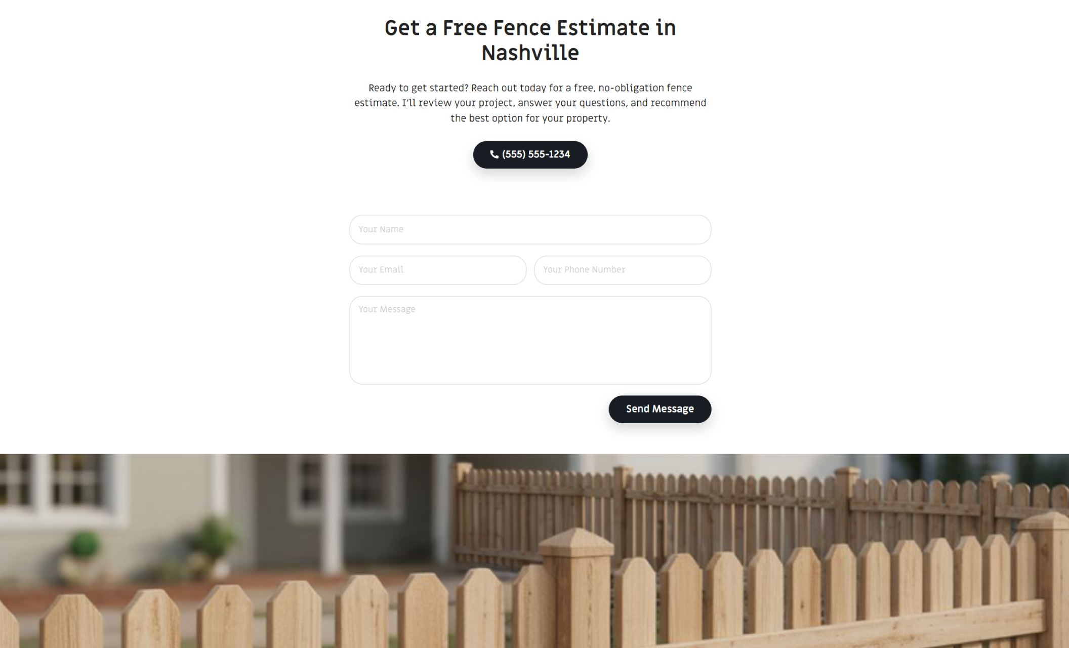 Tom’s Custom Fences contact section titled “Get a Free Fence Estimate in Nashville,” featuring a call button, a clean contact form with name, email, phone, and message fields, and a “Send Message” button above a blurred fence background image