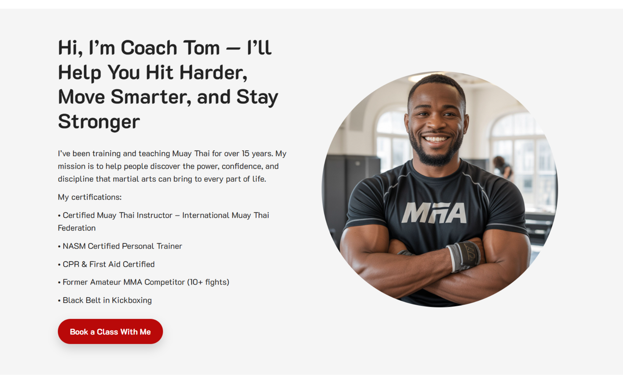 Instructor section of Tom’s MMA Academy website showing Coach Tom smiling confidently in a black “MMA” shirt beside text that introduces him as a certified Muay Thai instructor and personal trainer, with a red “Book a Class With Me” button