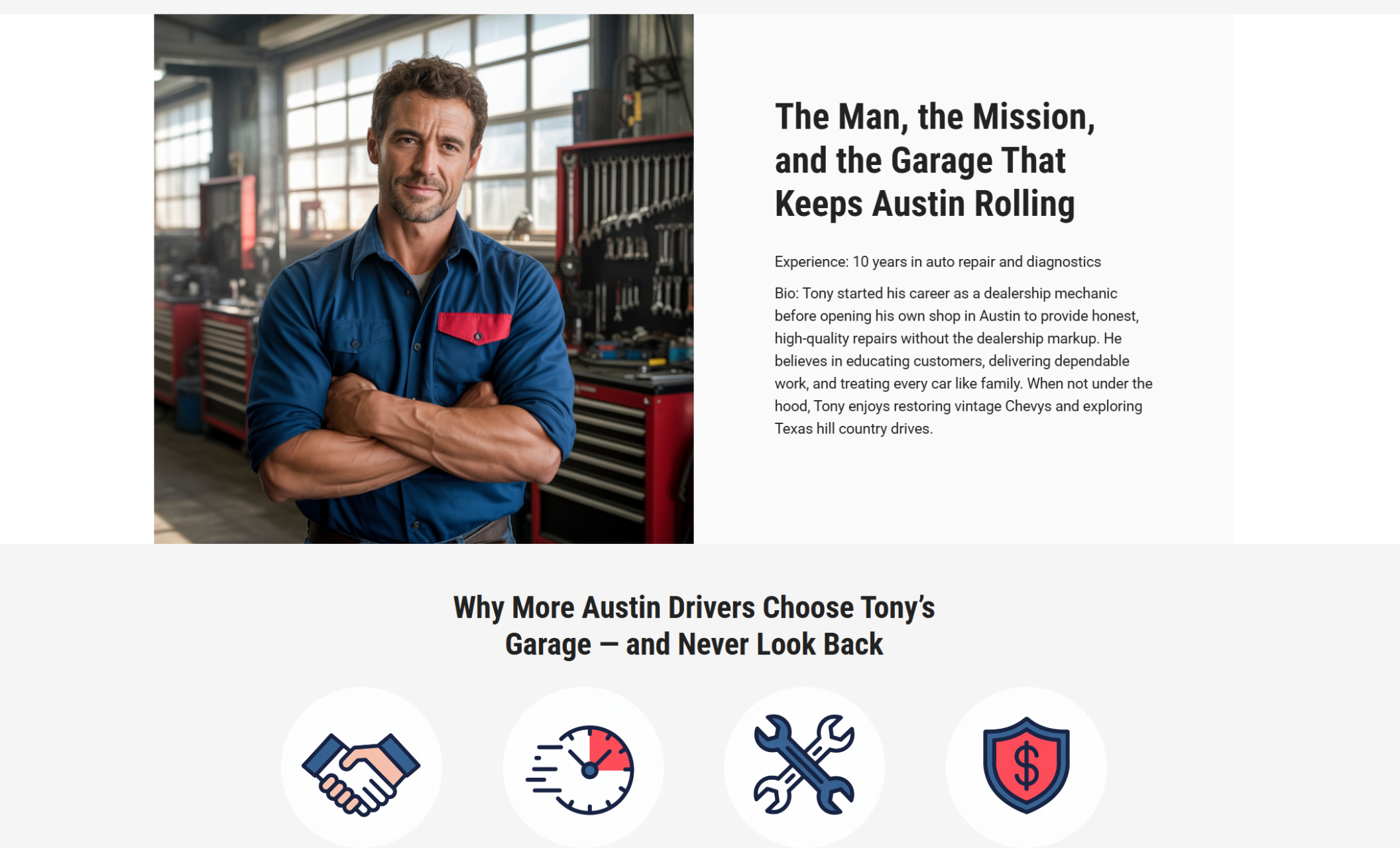 Tony’s Garage & Repair about section featuring the headline “The Man, the Mission, and the Garage That Keeps Austin Rolling” with a portrait of Tony standing confidently in his workshop