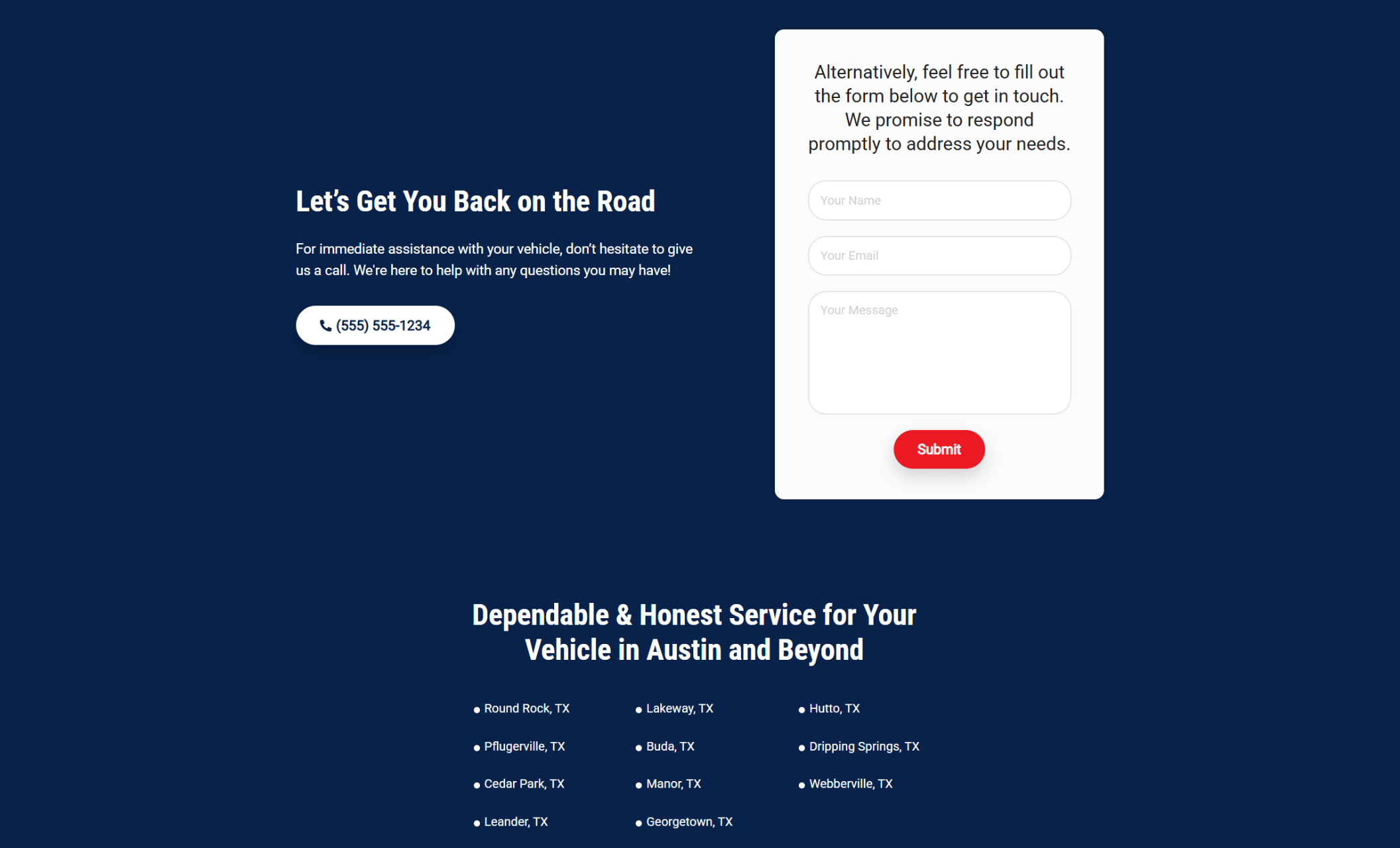Tony’s Garage & Repair contact section featuring a navy-blue background, a white phone button labeled “(555) 555-1234,” and a contact form with a red “Submit” button beside the headline “Let’s Get You Back on the Road.”