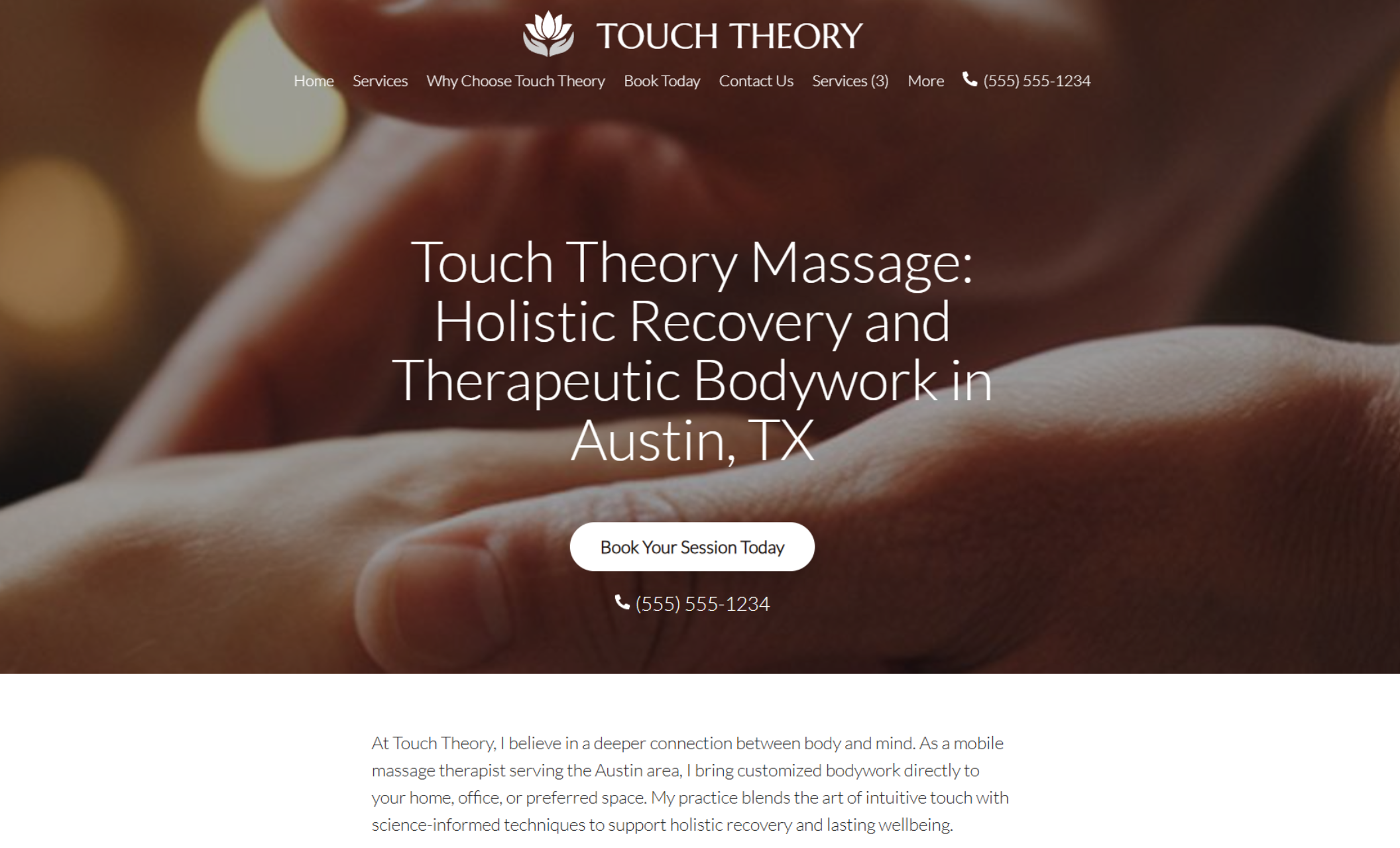 Touch Theory homepage with a close-up massage background, bold white headline, call-to-action button, and a soft-focus image of gentle hands applying therapeutic pressure