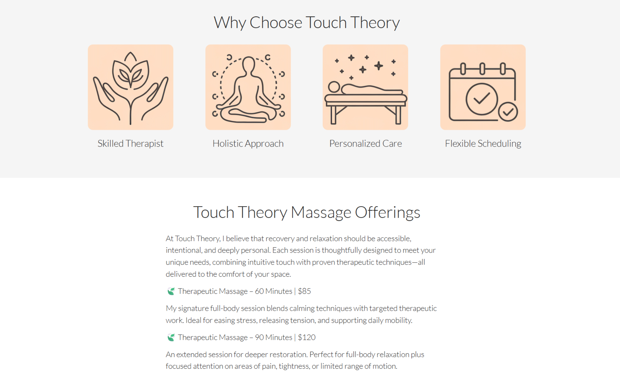 Why Choose Us section with a pale gray background, peach-toned icons, and a four-column layout highlighting benefits like skilled therapy, holistic care, and flexible scheduling