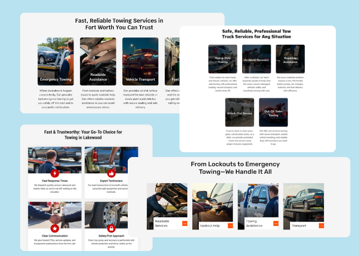 A collage of services section generated by Zarla showing different styles of service items, all having a picture, a title, and a brief description