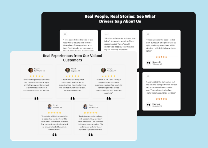A collage of reviews section generated by Zarla showing different styles of testimonials
