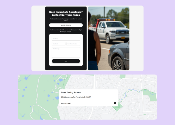 A screenshot of a header with navigation pills with contact number, a blue-colored primary button with contact number, and a 2D depiction of a map with a business address in the center