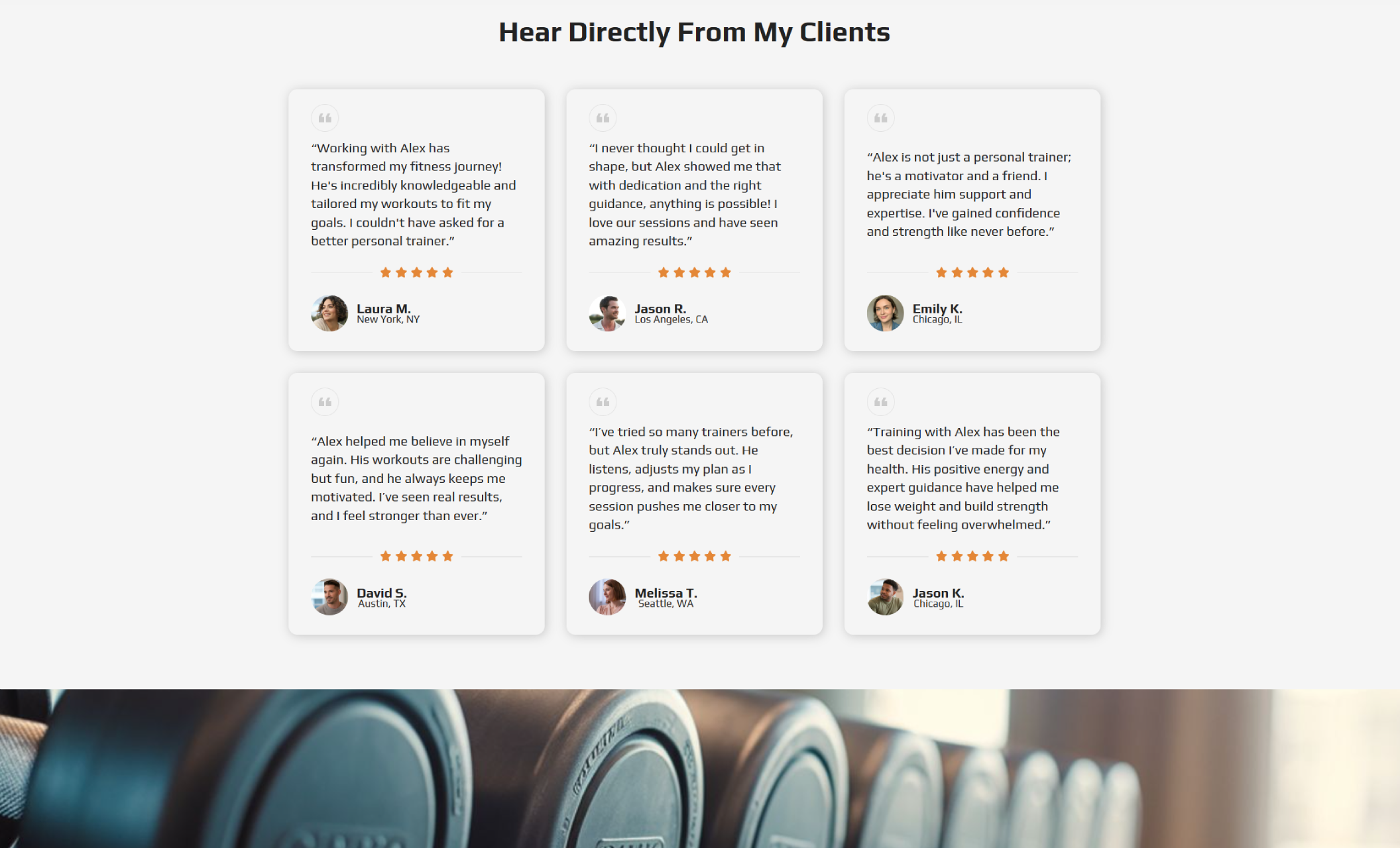 “Hear Directly From My Clients” section showing six testimonial cards with five-star reviews and profile photos from happy clients praising Alex’s motivation, results, and personalized fitness guidance