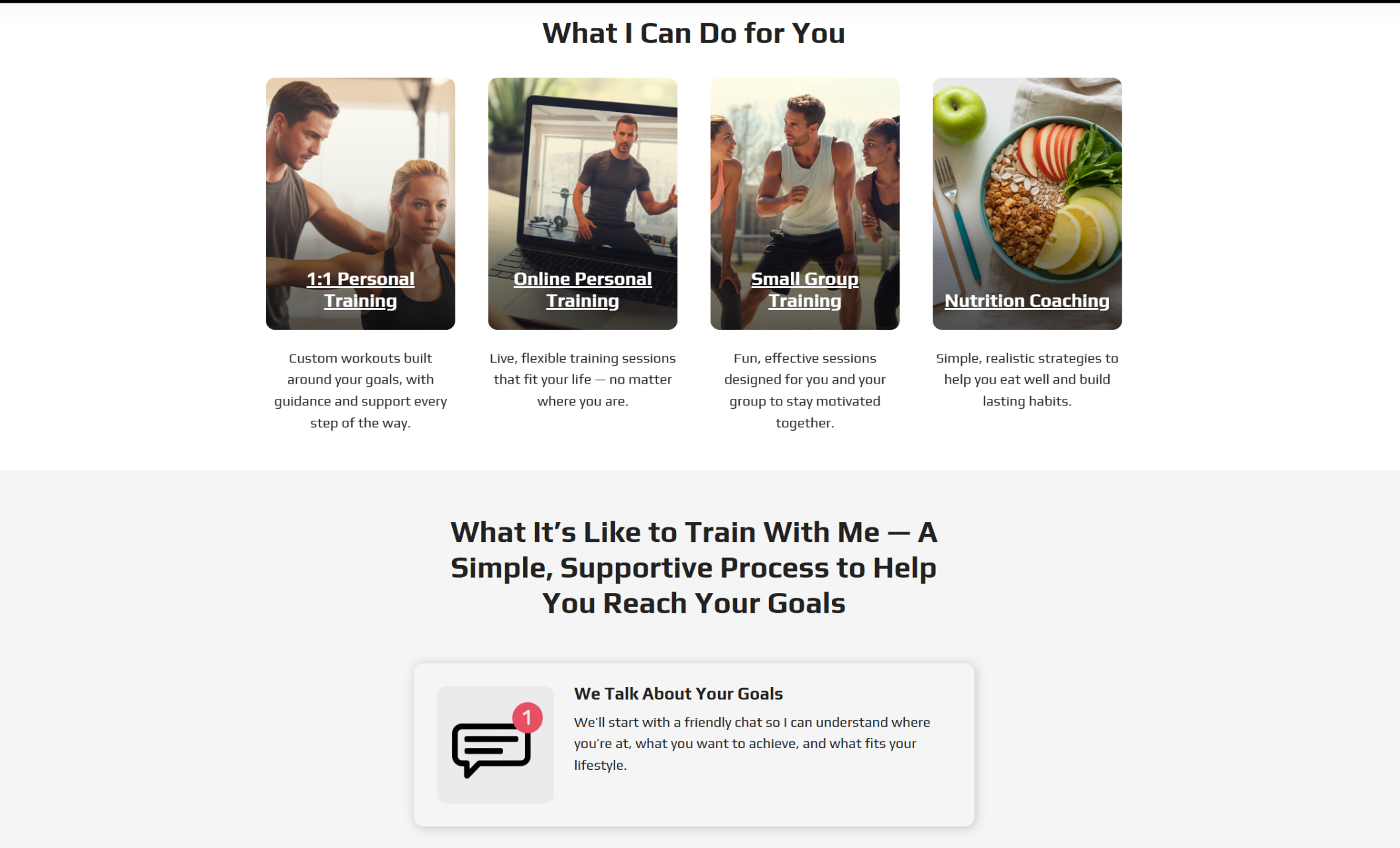 “What I Can Do for You” section with four service cards for 1:1 personal training, online training, small group sessions, and nutrition coaching, each paired with lifestyle imagery and clear, benefit-focused captions