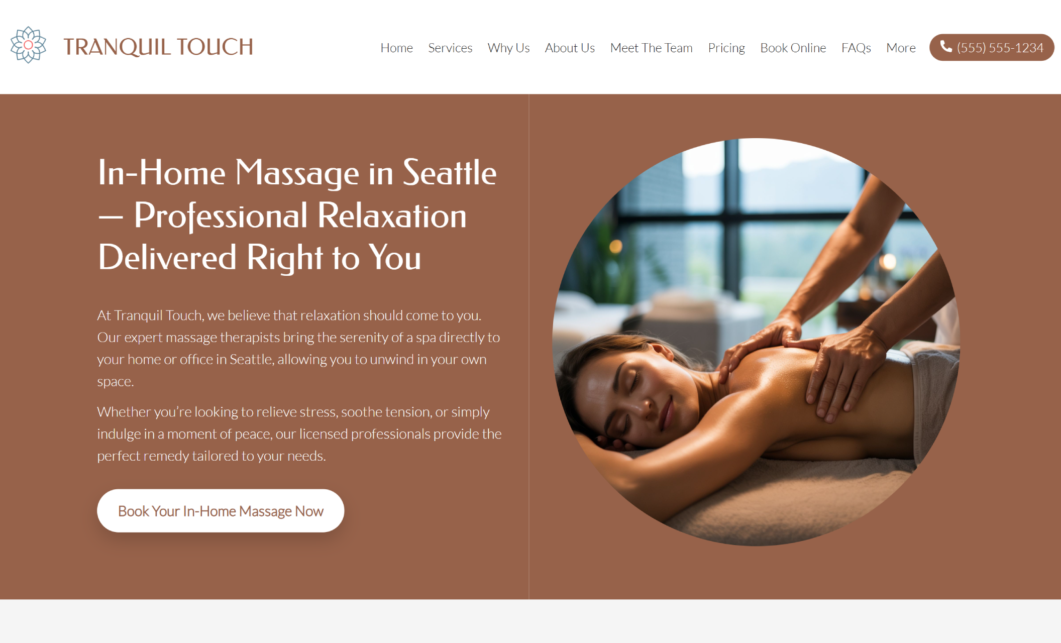 Tranquil Touch homepage featuring a woman receiving an in-home massage in a peaceful space, next to the headline “In-Home Massage in Seattle — Professional Relaxation Delivered Right to You” and a white button that reads “Book Your In-Home Massage Now.”