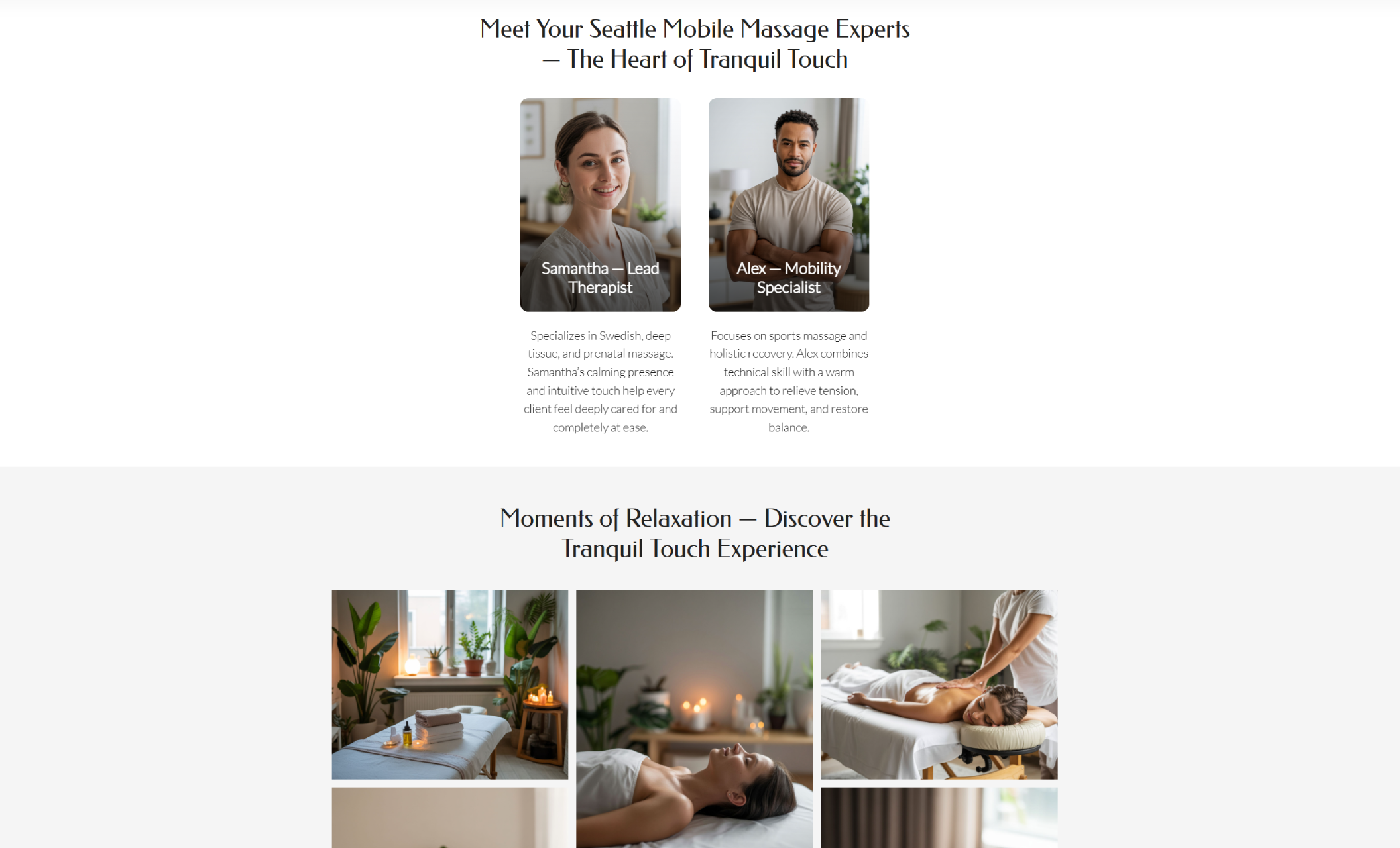Meet the Team section introducing Samantha and Alex—Seattle mobile massage experts—above a gallery row titled “Moments of Relaxation,” showing tranquil massage setups and peaceful client experiences