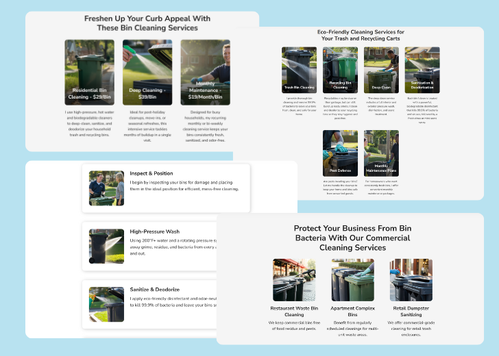 A collage of services section generated by Zarla showing different styles of service items, all having a picture, a title, and a brief description
