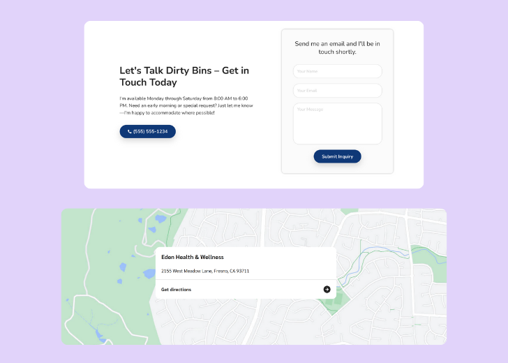 A screenshot of a header with navigation pills with contact number, a blue-colored primary button with contact number, and a 2D depiction of a map with a business address in the center