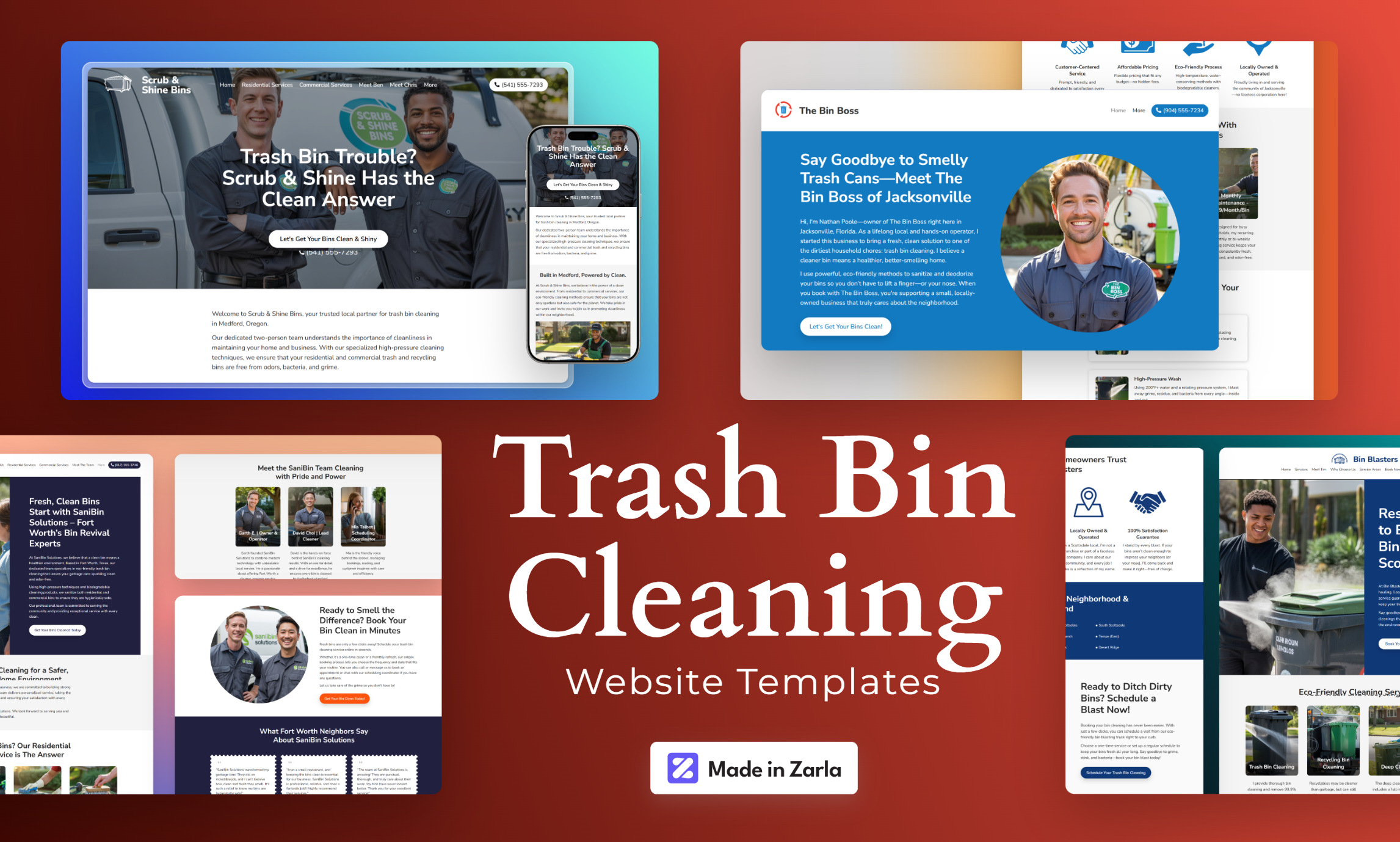 Collection of trash bin cleaning website templates created with Zarla