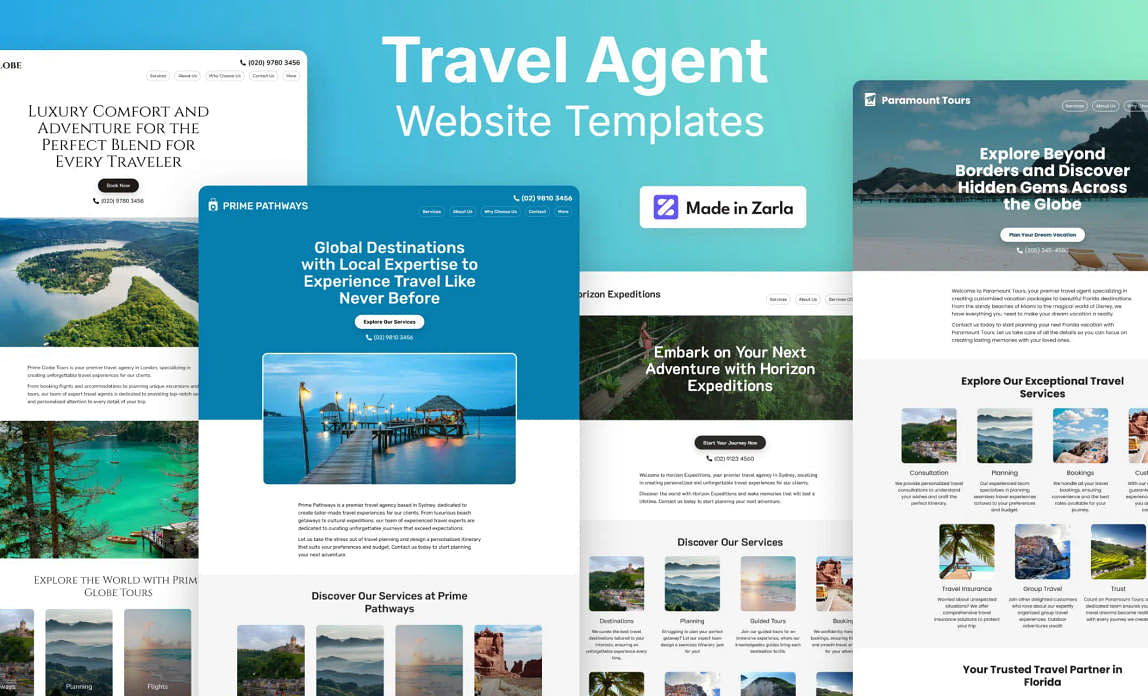 Collection of travel agent website templates made with Zarla's AI website builder