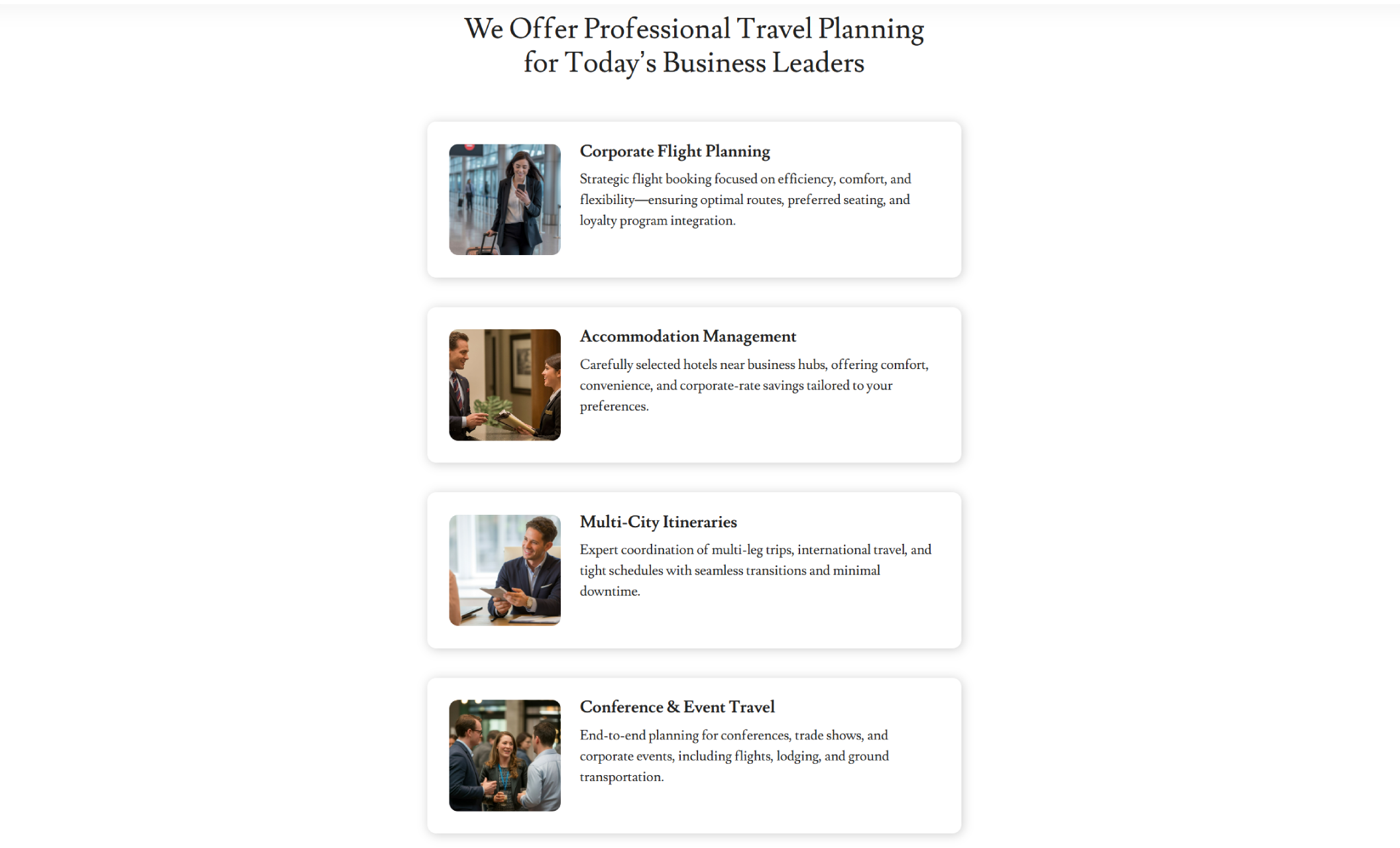 Travel With Trevor services section titled “We Offer Professional Travel Planning for Today’s Business Leaders,” displaying four card-style offerings for Corporate Flight Planning, Accommodation Management, Multi-City Itineraries, and Conference & Event Travel with supporting images and descriptions