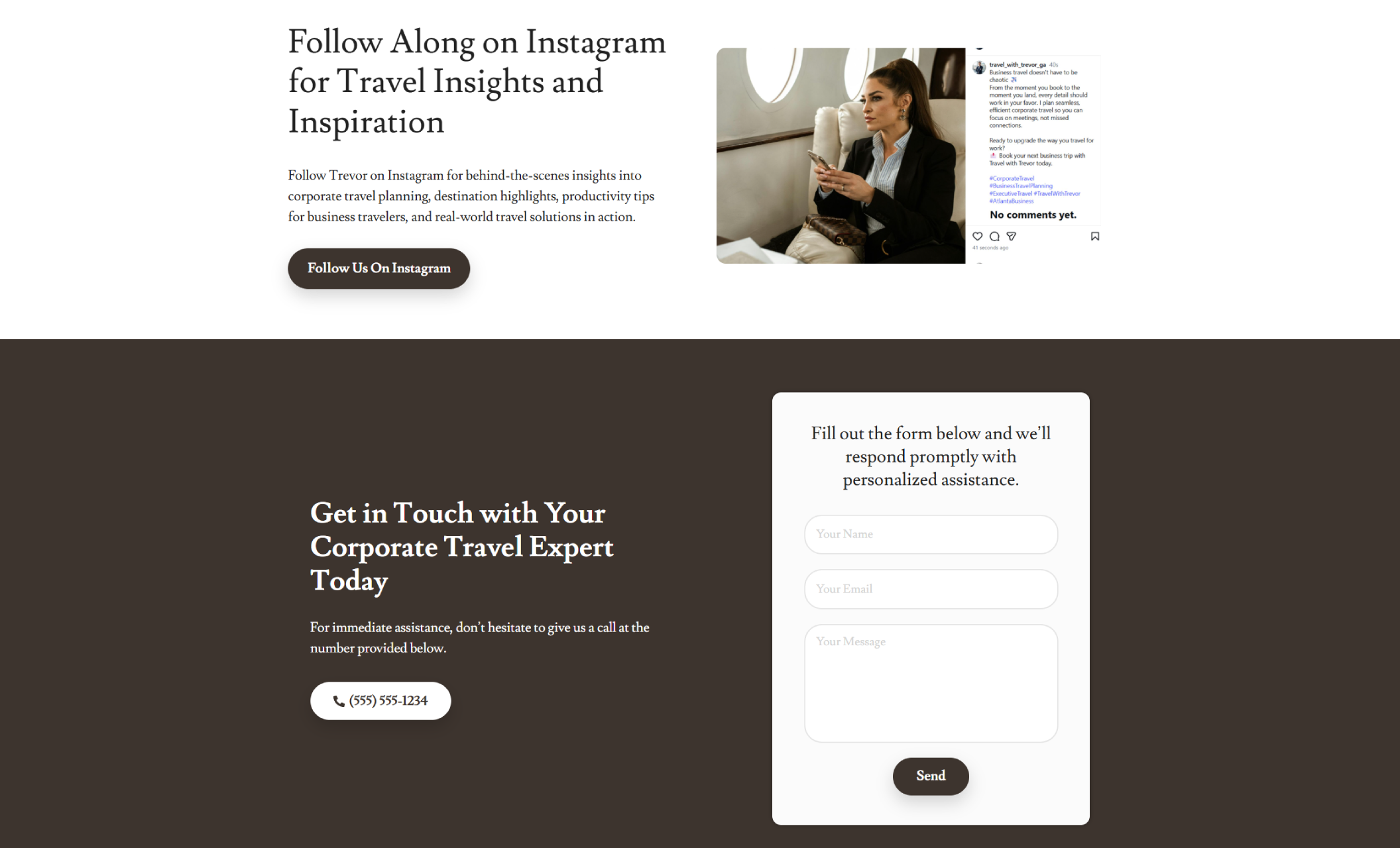 Travel With Trevor website section inviting visitors to follow on Instagram, featuring a business traveler seated on a private jet using her phone beside the headline “Follow Along on Instagram for Travel Insights and Inspiration” and a dark button labeled “Follow Us On Instagram.”