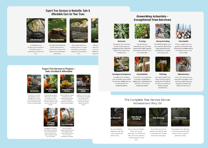 A collage of services section generated by Zarla showing different styles of service items, all having a picture, a title, and a brief description