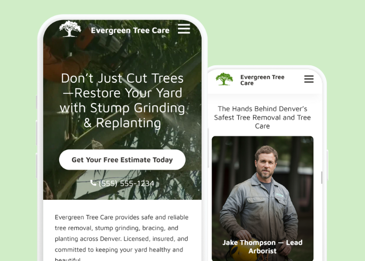 Revive Detailing and Spotless Touch landing pages in two smartphones, side by side, showing mobile view of the websites