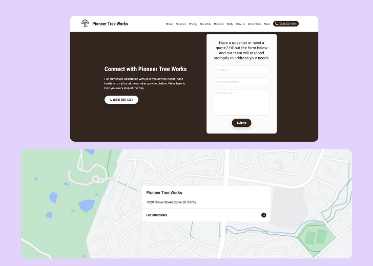 A screenshot of a header with navigation pills with contact number, a blue-colored primary button with contact number, and a 2D depiction of a map with a business address in the center