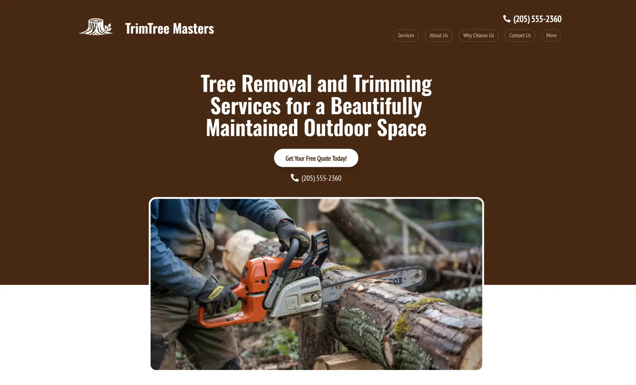 TrimTree Masters' homepage featuring the image of a man trimming a tree trunk, company branding, call-to-action button, and a phone number