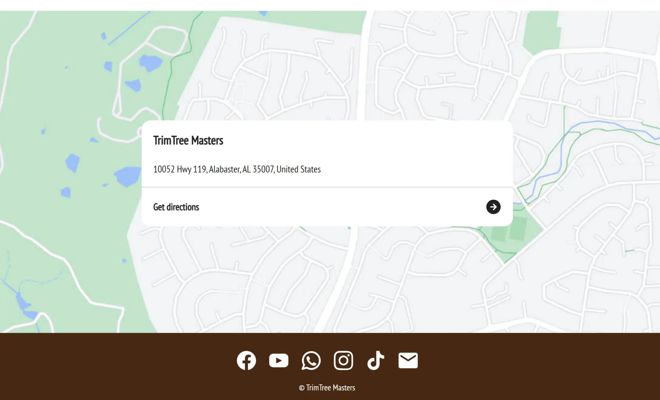 TrimTree Masters' website displaying a location map, and social media links