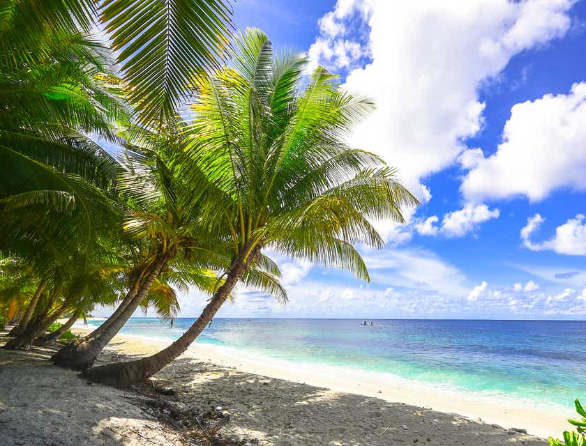 A tropical beach scene with white sand, palm trees, and a blue sky with white clouds floating by.