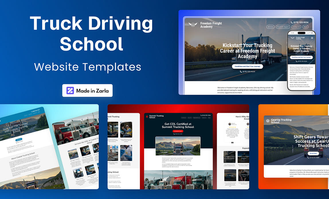 Collection of trucking driving school website templates created with Zarla