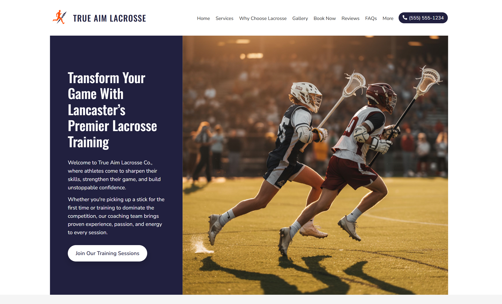 True Aim Lacrosse homepage hero showing two competitive players sprinting across the field at sunset alongside the headline ‘Transform Your Game With Lancaster’s Premier Lacrosse Training.’