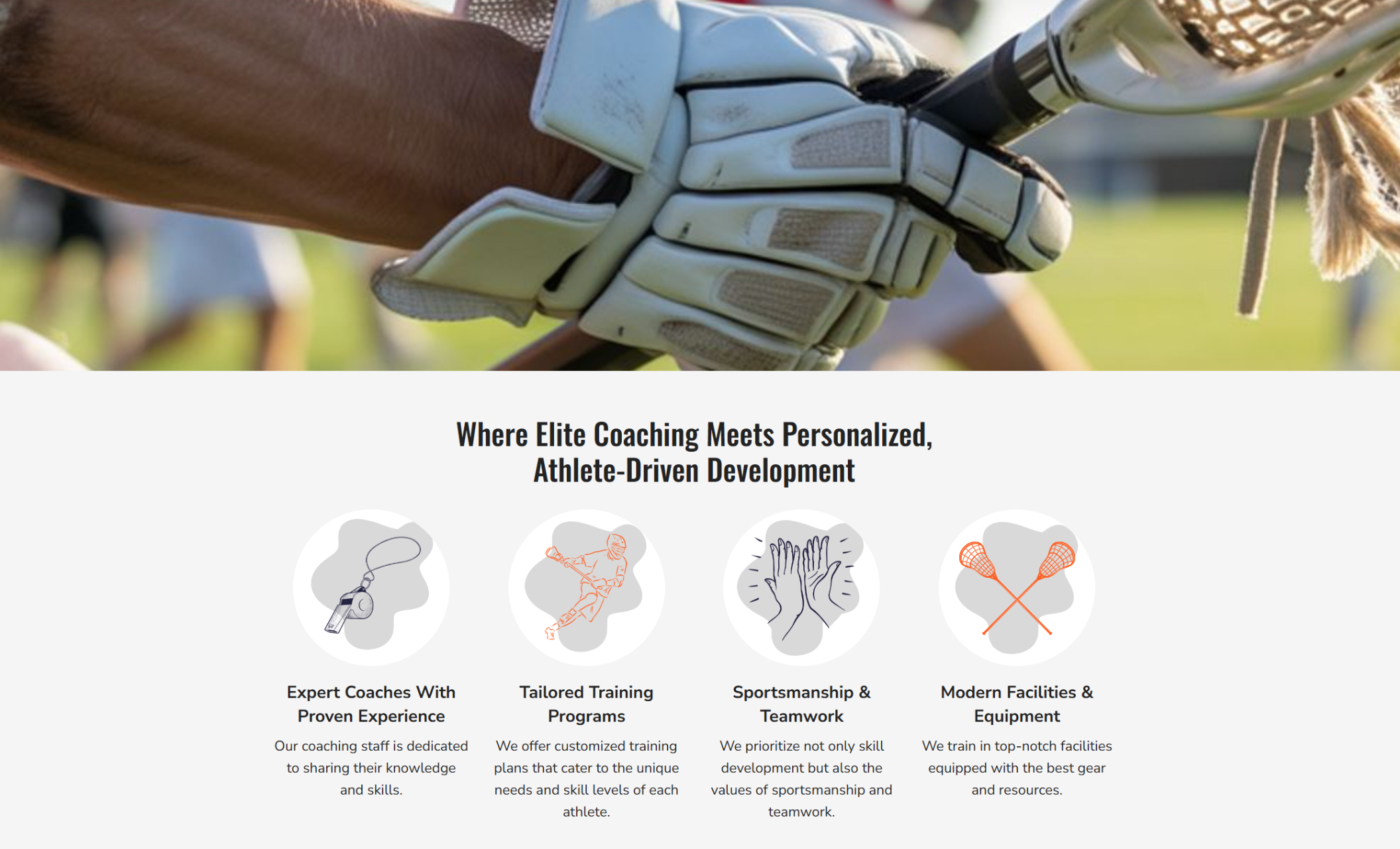 True Aim Lacrosse coaching values section featuring a close-up of gloved hands gripping a lacrosse stick during practice beneath the headline ‘Where Elite Coaching Meets Personalized, Athlete-Driven Development.’