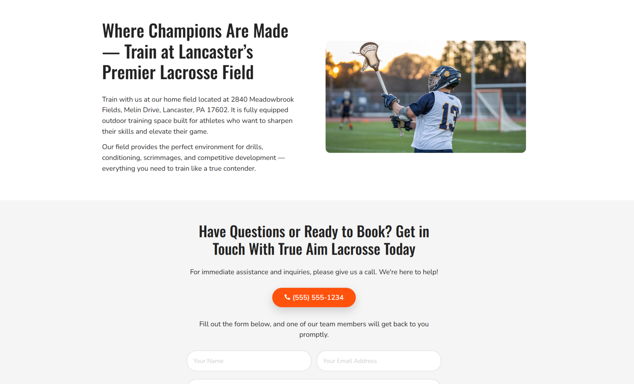 True Aim Lacrosse training section featuring a young athlete mid-throw on a bright green field beside the headline ‘Where Champions Are Made — Train at Lancaster’s Premier Lacrosse Field.’