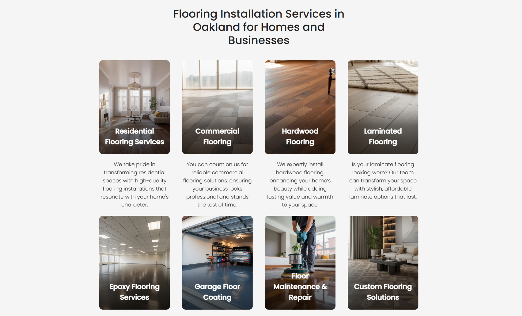 TrueBase Flooring services section titled “Flooring Installation Services in Oakland for Homes and Businesses,” showcasing options like residential, commercial, hardwood, laminate, epoxy, and garage flooring