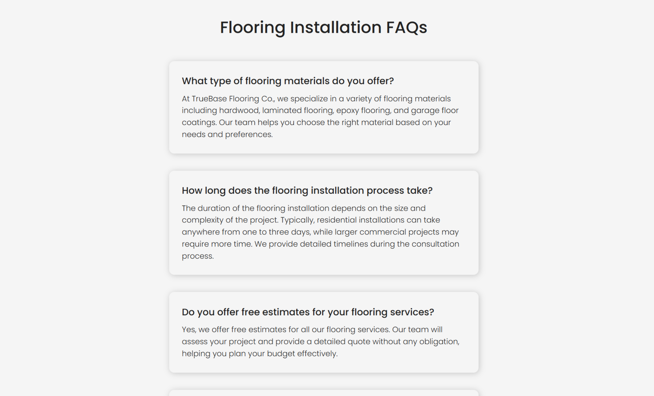 TrueBase Flooring FAQs section displaying common questions about flooring materials, installation timelines, and free estimates under the heading “Flooring Installation FAQs.”