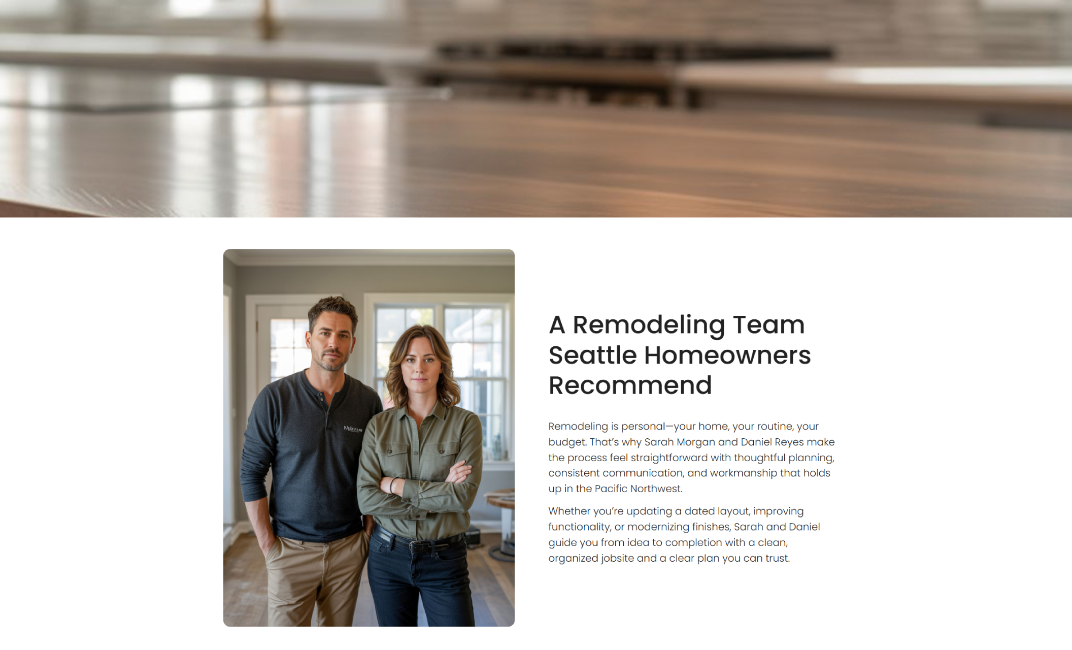 TrueCraft Renovations about section featuring a professional photo of a remodeling team standing in a finished home interior beside the headline “A Remodeling Team Seattle Homeowners Recommend” and descriptive company text