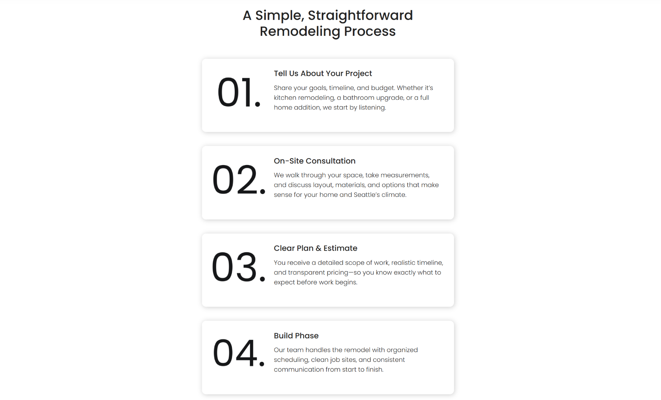 TrueCraft Renovations process section titled “A Simple, Straightforward Remodeling Process,” displaying four numbered steps from project discussion to build phase in clean white cards against a minimalist background