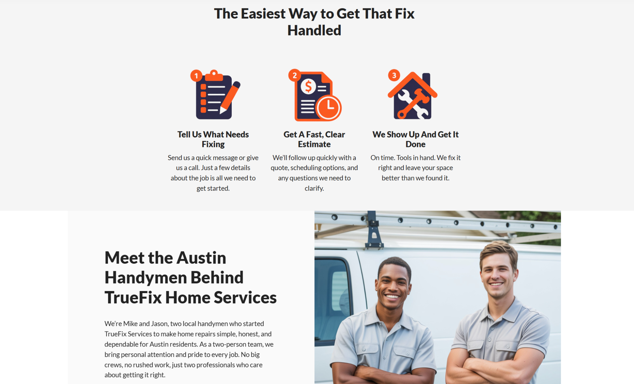 Local handyman intro section titled “Meet the Austin Handymen Behind TrueFix Home Services” featuring a smiling duo in gray polos standing in front of a white van, along with a paragraph about their mission for honest, high-quality repairs