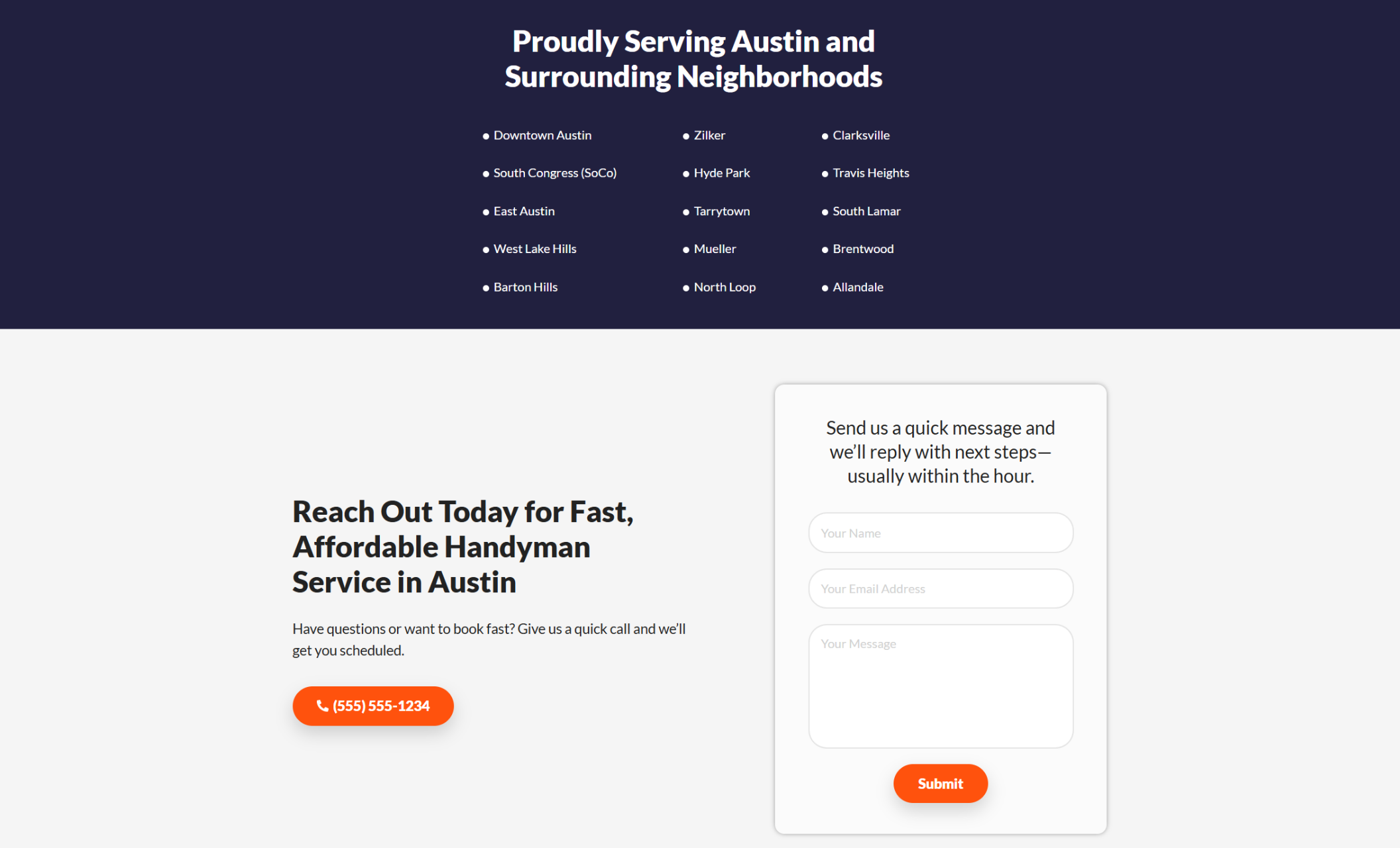Contact section of the TrueFix Services website featuring a list of 15 Austin neighborhoods under the headline “Proudly Serving Austin and Surrounding Neighborhoods,” alongside a bold orange phone number button and a white contact form with the prompt “Send us a quick message and we’ll reply with next steps—usually within the hour.”