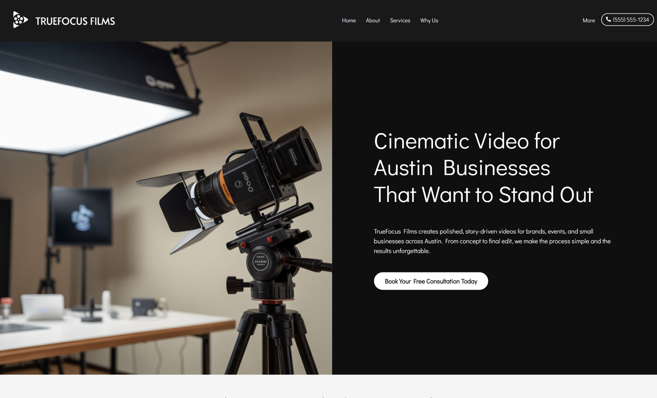 TrueFocus Films homepage hero section an image of a mounted video camera with text overlaying a black block reading "Cinematic Video for Austin Businesses That Want to Stand Out."