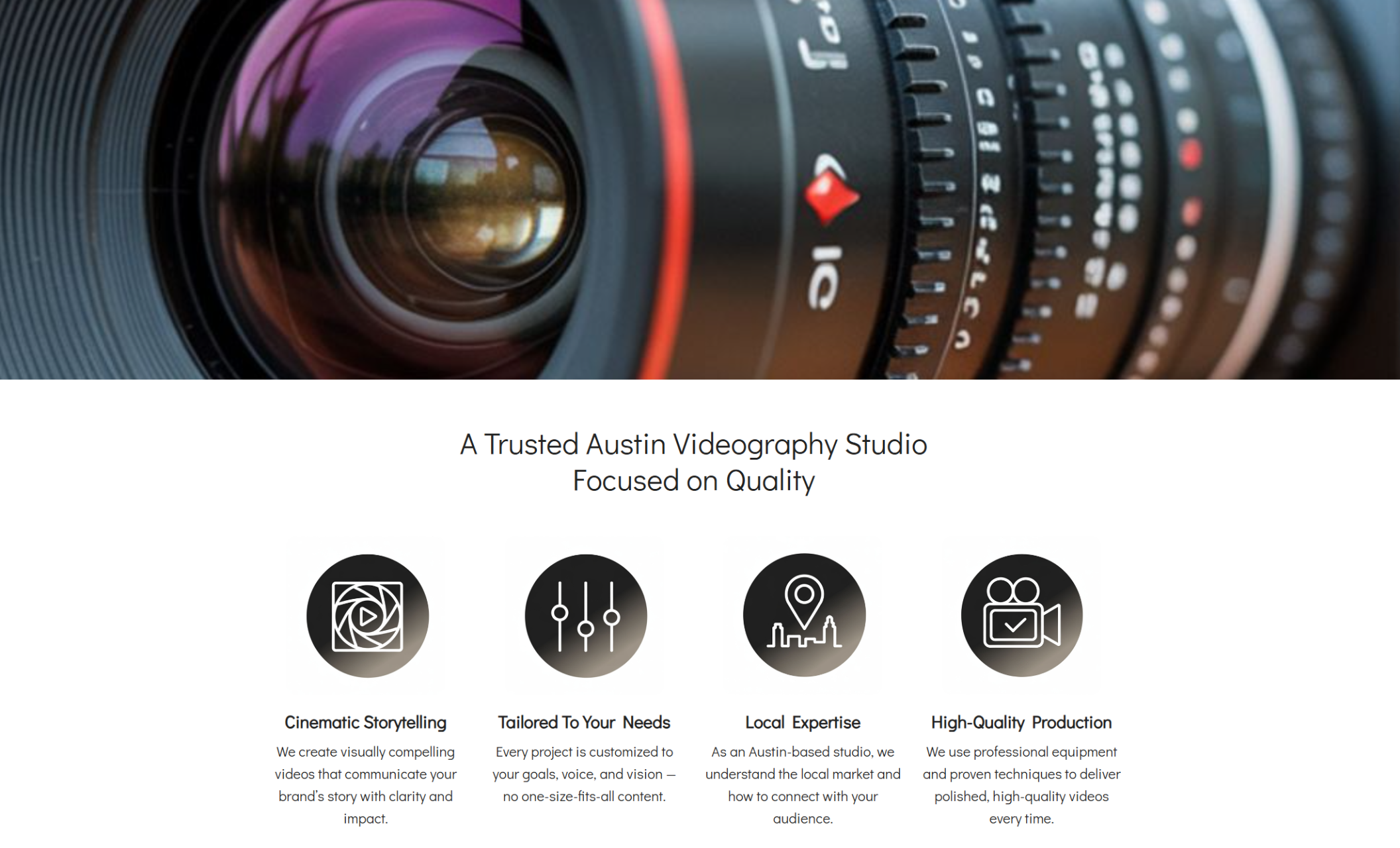 TrueFocus Films “Why Us” section featuring the headline “A Trusted Austin Videography Studio Focused on Quality” with four circular icons for cinematic storytelling, custom service, local expertise, and high-quality production