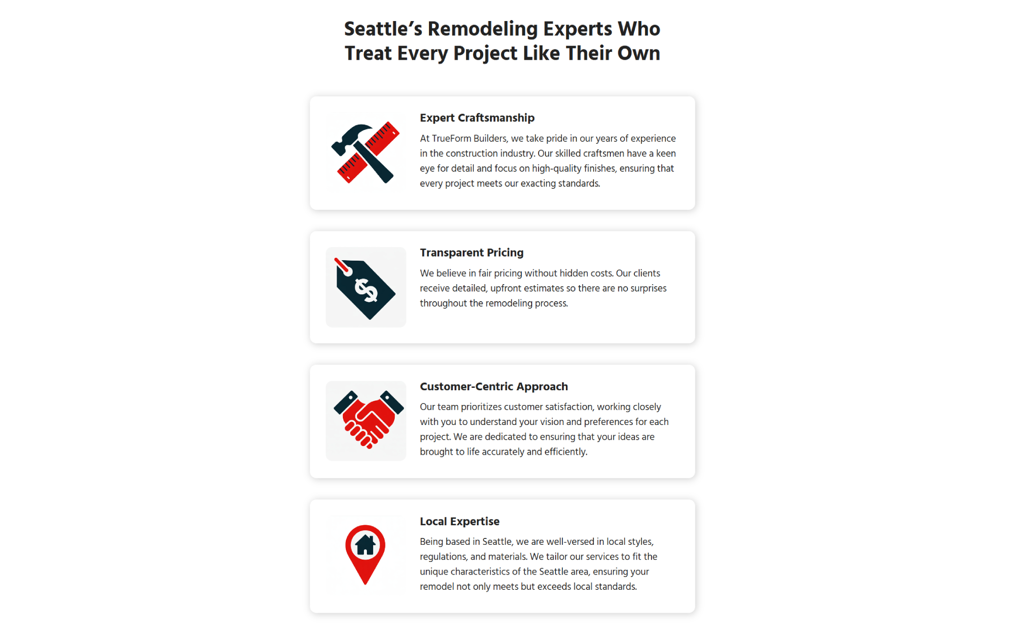 TrueForm Builders guarantee section featuring four illustrated icons (hammer and ruler, price tag, handshake, and location pin) with bold headings like “Expert Craftsmanship” and “Transparent Pricing” under the headline “Seattle’s Remodeling Experts Who Treat Every Project Like Their Own.”