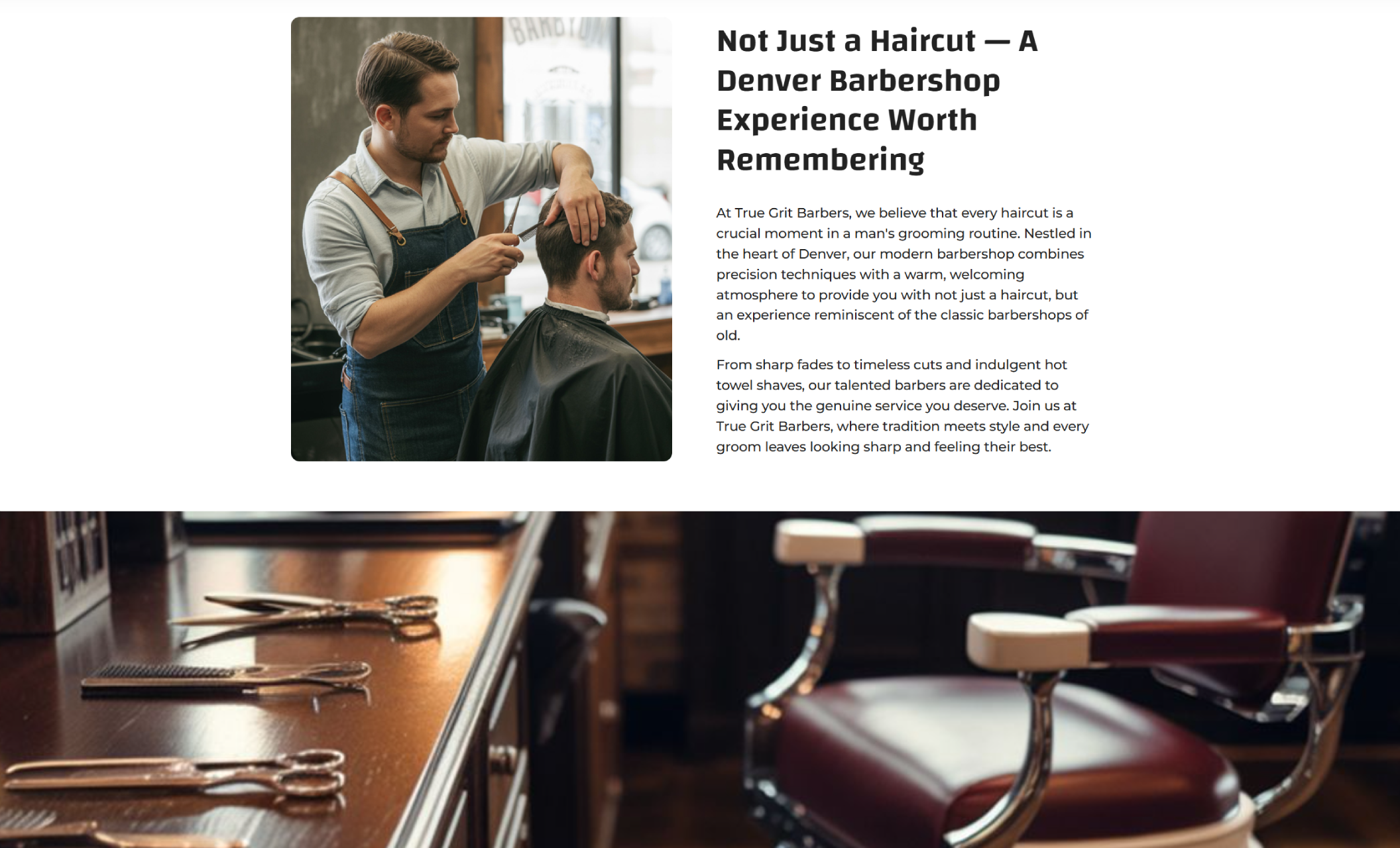 About section of True Grit Barbers showing a barber in a denim apron cutting a man’s hair beside the headline “Not Just a Haircut — A Denver Barbershop Experience Worth Remembering.”