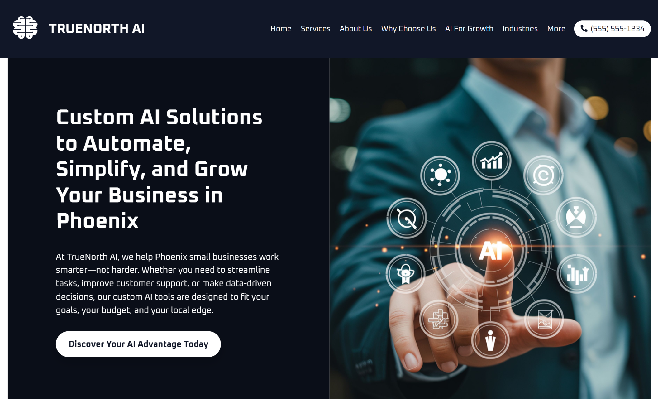 TrueNorth AI homepage featuring a suited man pointing at a glowing digital “AI” icon surrounded by tech symbols, beside the headline “Custom AI Solutions to Automate, Simplify, and Grow Your Business in Phoenix” and a bold call-to-action button
