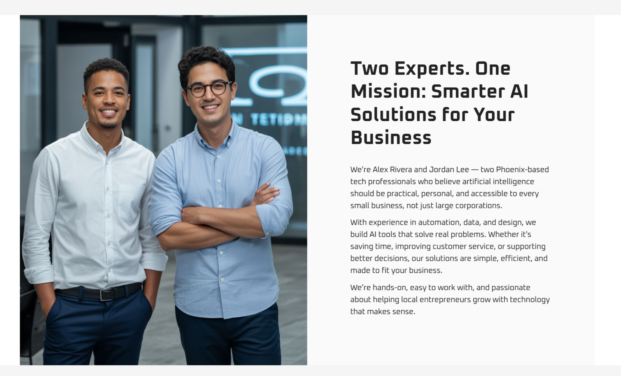 Team intro section on the TrueNorth AI website showing Alex Rivera and Jordan Lee smiling in an office, next to the headline “Two Experts. One Mission: Smarter AI Solutions for Your Business” and a paragraph about practical, local tech support