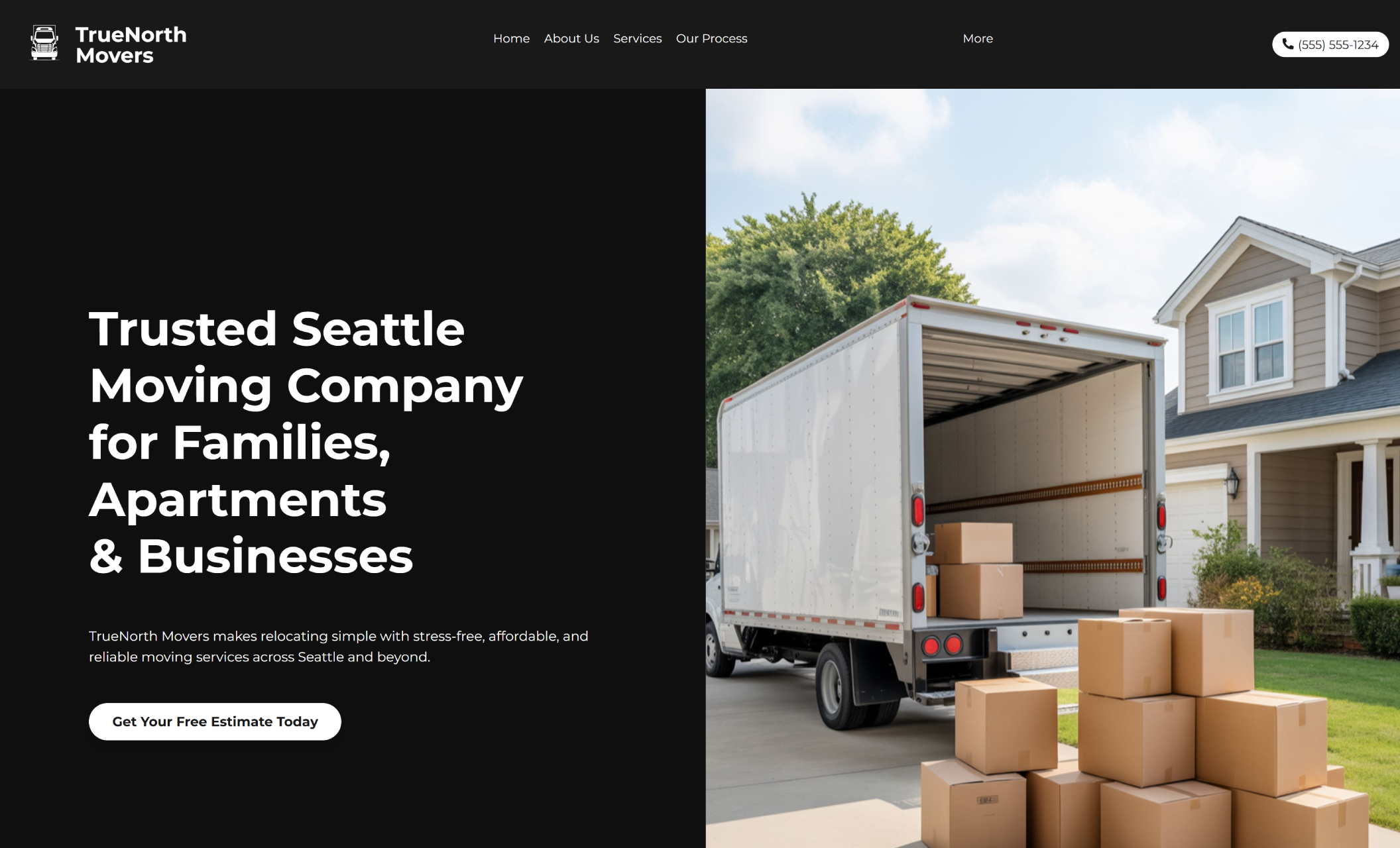 TrueNorth Movers homepage hero section showing a moving truck parked in front of a suburban home with stacked boxes and a headline “Trusted Seattle Moving Company for Families, Apartments & Businesses.”