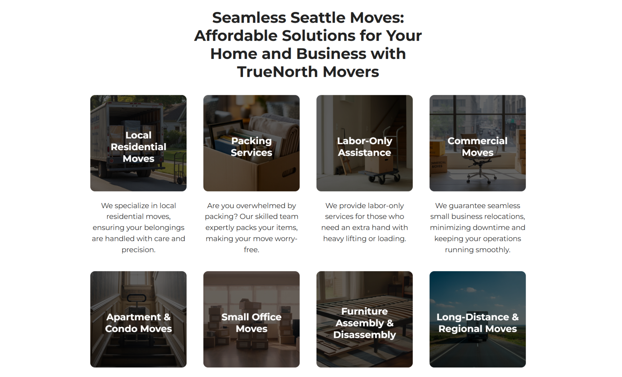 TrueNorth Movers services section with bold headline “Seamless Seattle Moves” and eight service blocks highlighting local residential moves, packing, labor-only help, commercial moves, apartment moves, small office moves, furniture assembly, and long-distance moves