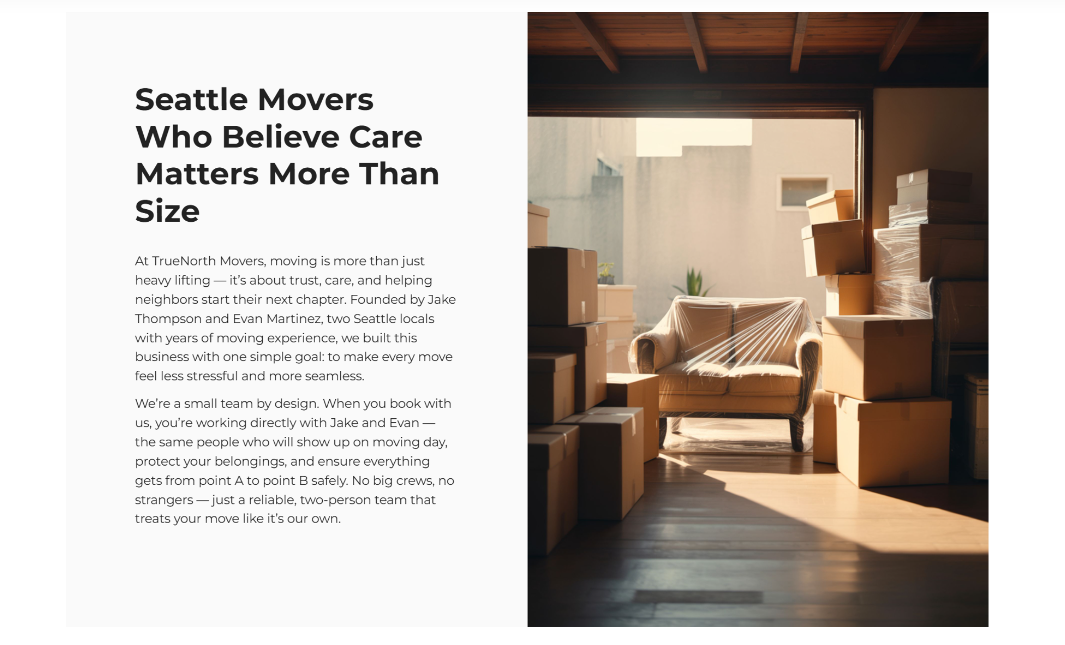 TrueNorth Movers “About Us” section featuring a headline “Seattle Movers Who Believe Care Matters More Than Size” beside a warm photo of a wrapped couch and stacked moving boxes in a sunlit room