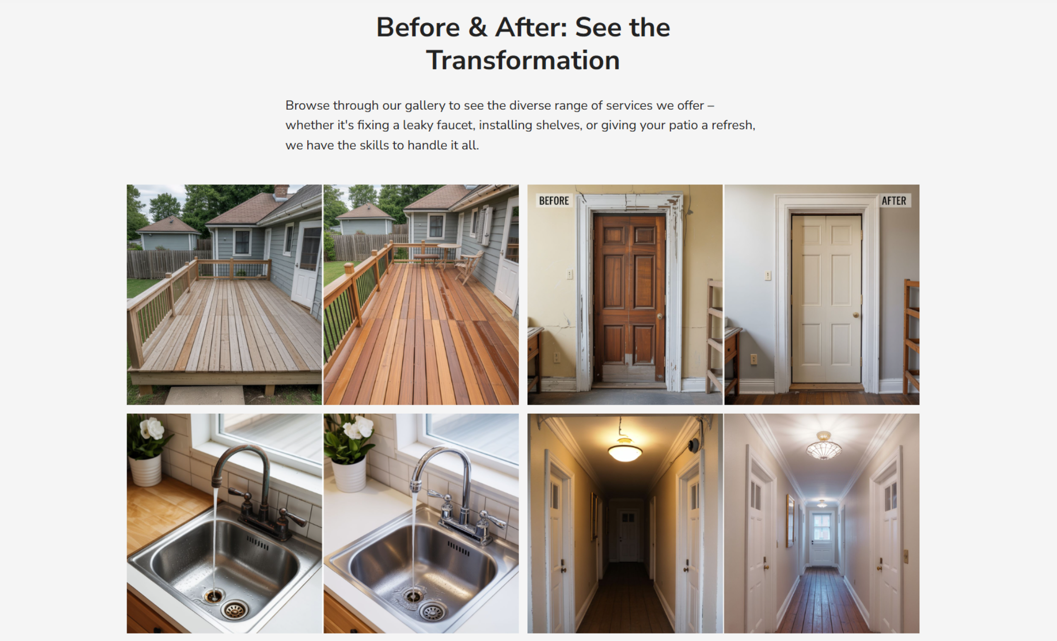 Before & After gallery section showing transformation photos of a deck, doorframe, kitchen sink, and hallway with the headline “Before & After: See the Transformation.”