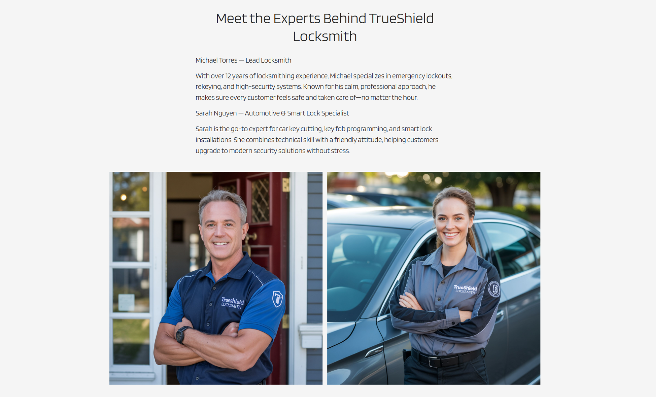 Team introduction section for TrueShield Locksmith featuring photos of Michael Torres, the lead locksmith, and Sarah Nguyen, the automotive and smart lock specialist, with bios highlighting their expertise